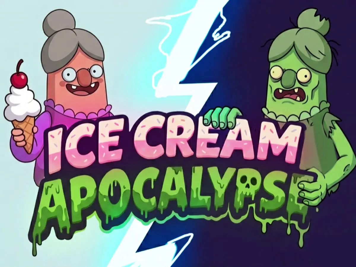 Ice Cream Apocalypse key art: a cheerful grandma holding an ice cream cone, and her zombie double on the other side of a lightning bolt.